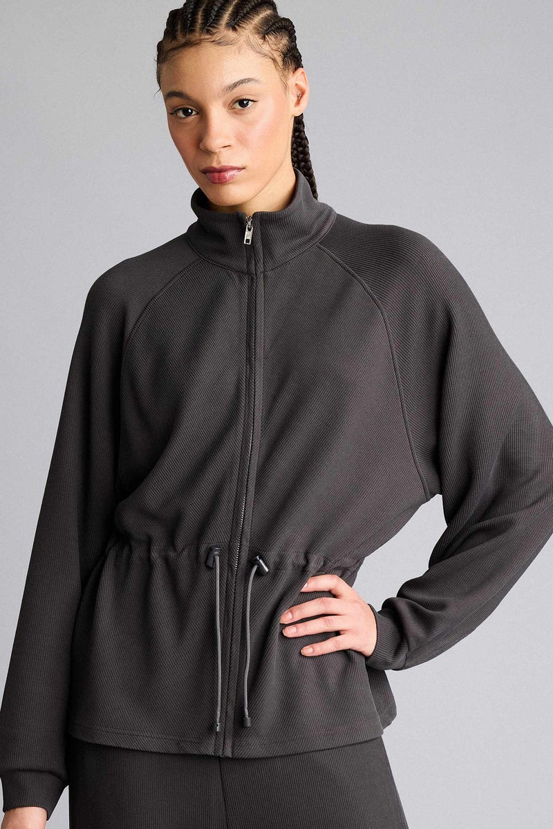 DeFacto Grey Woman Standard Fit Stand Collar Modal Zip-Up Sweatshirt Casual - Image 1